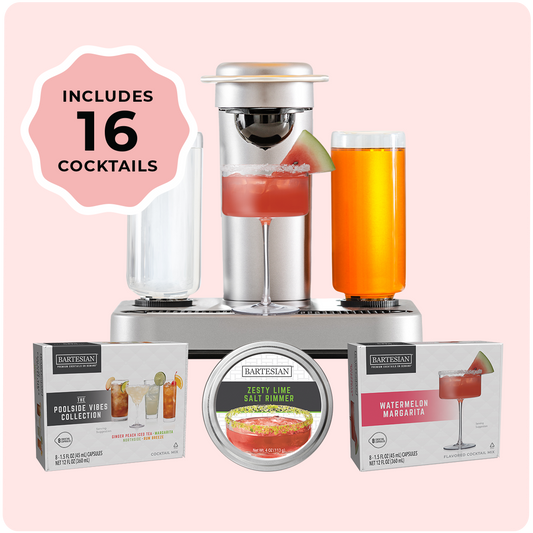 Watermelon Margarita starter kit from Bartesian with 16 cocktail capsules and Zesty Lime salt rimmer.